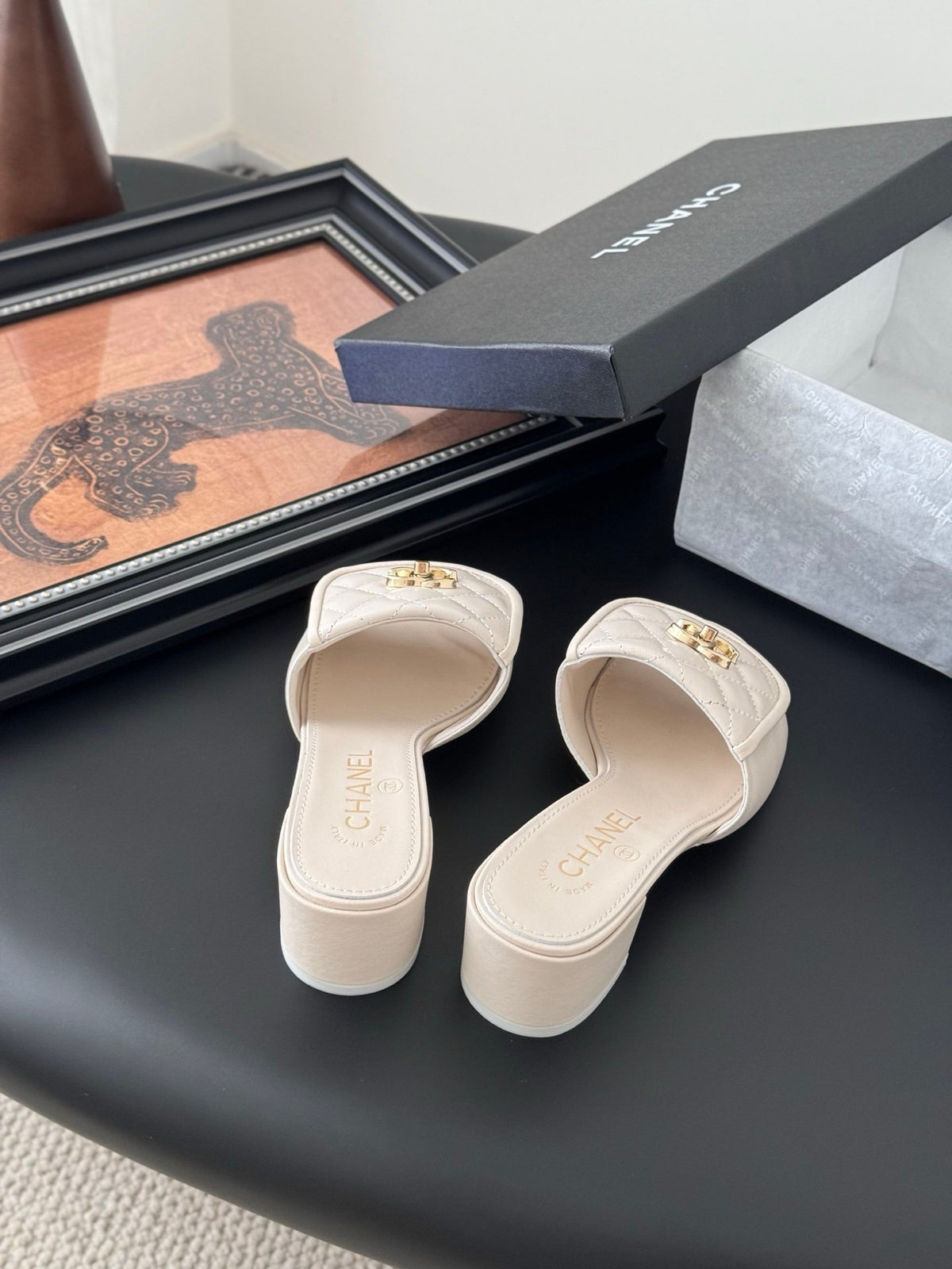Chanel Women Ivory Quilted Leather Mules