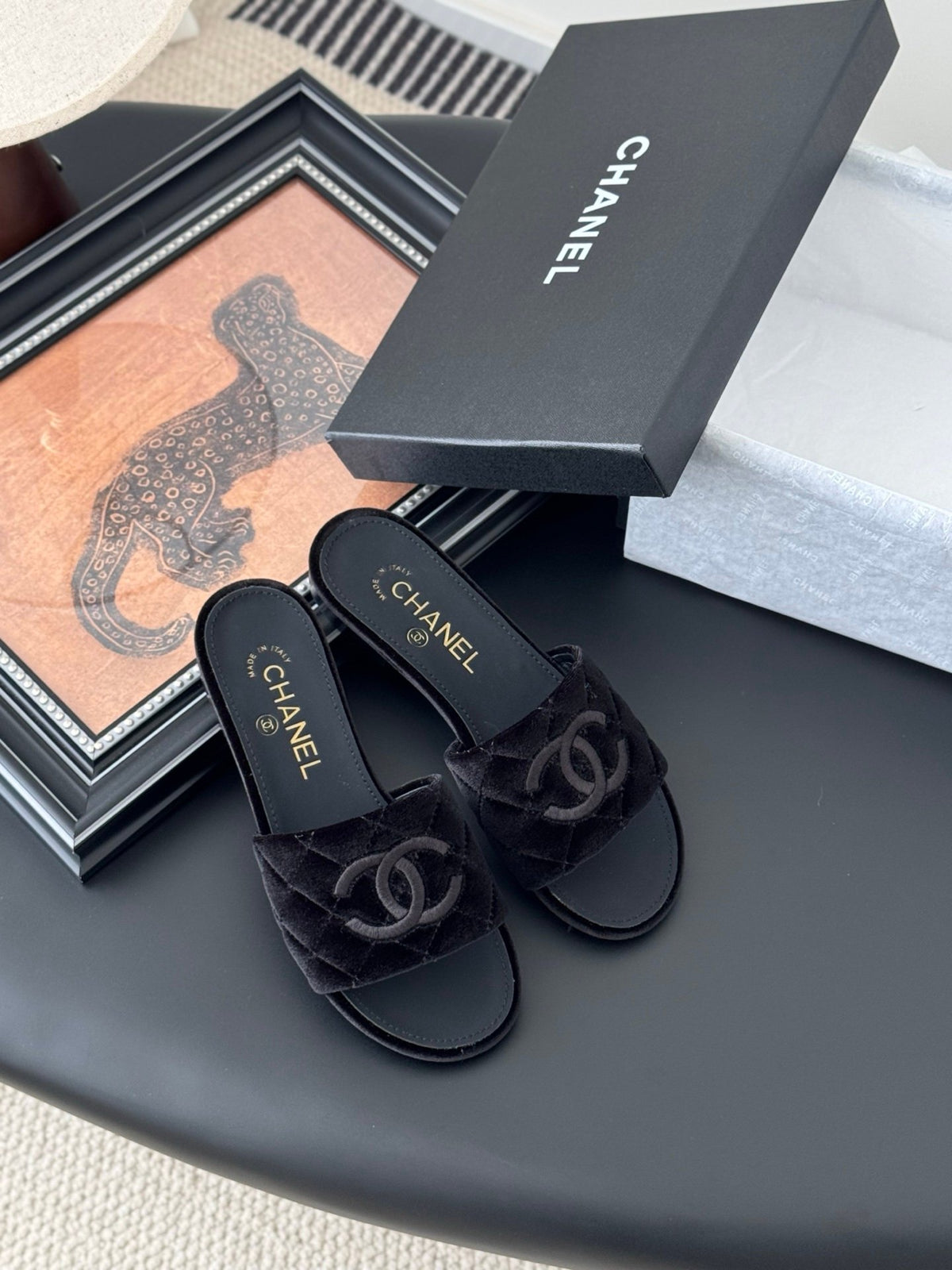 Chanel Women Black Velvet Quilted Slides