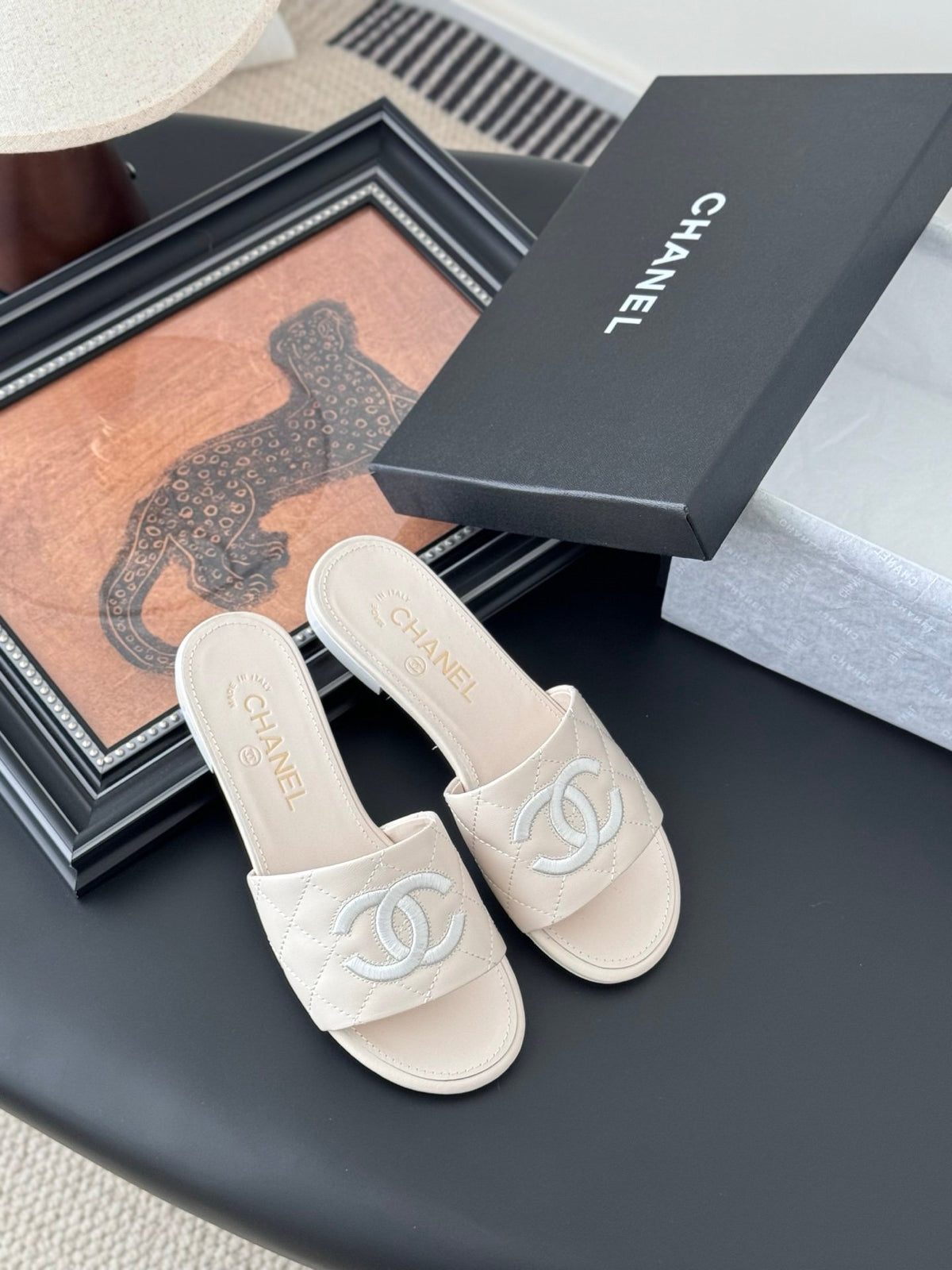 Chanel Women Cream Quilted Leather Slides