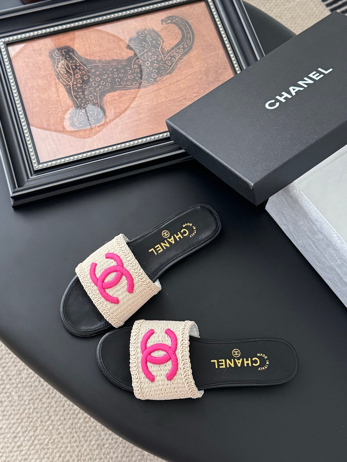 Chanel Women Black Leather And Beige Fabric Slides