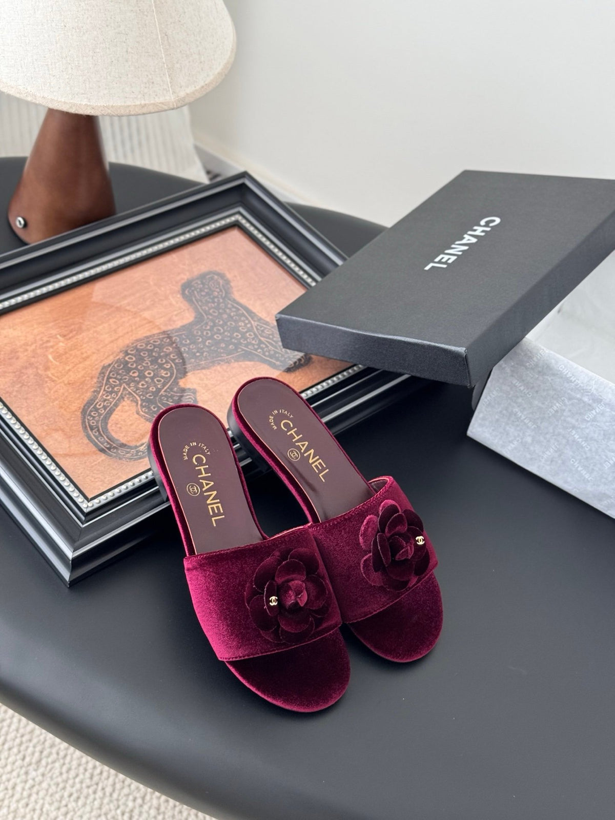 Chanel Women Burgundy Velvet Slides