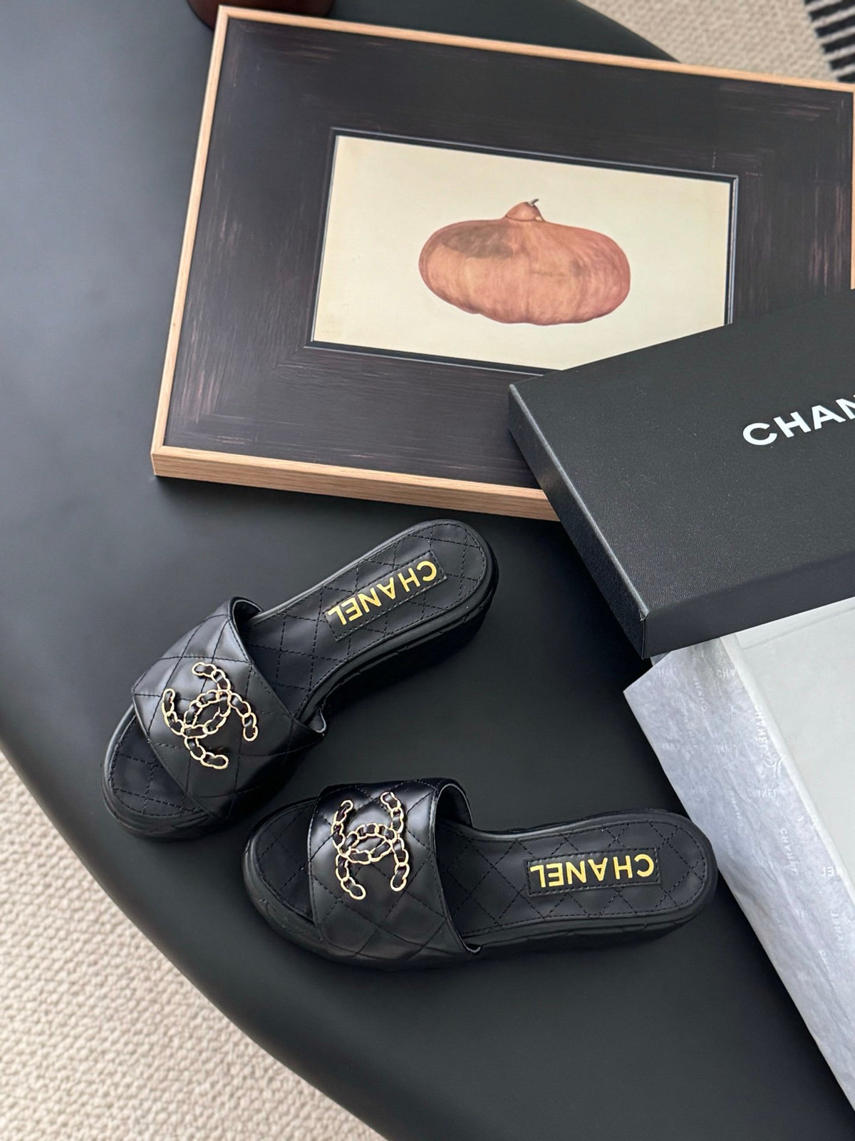 Chanel Women Black Leather Quilted Slides