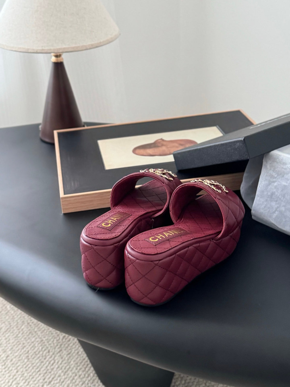 Chanel Women Burgundy Quilted Leather Slides