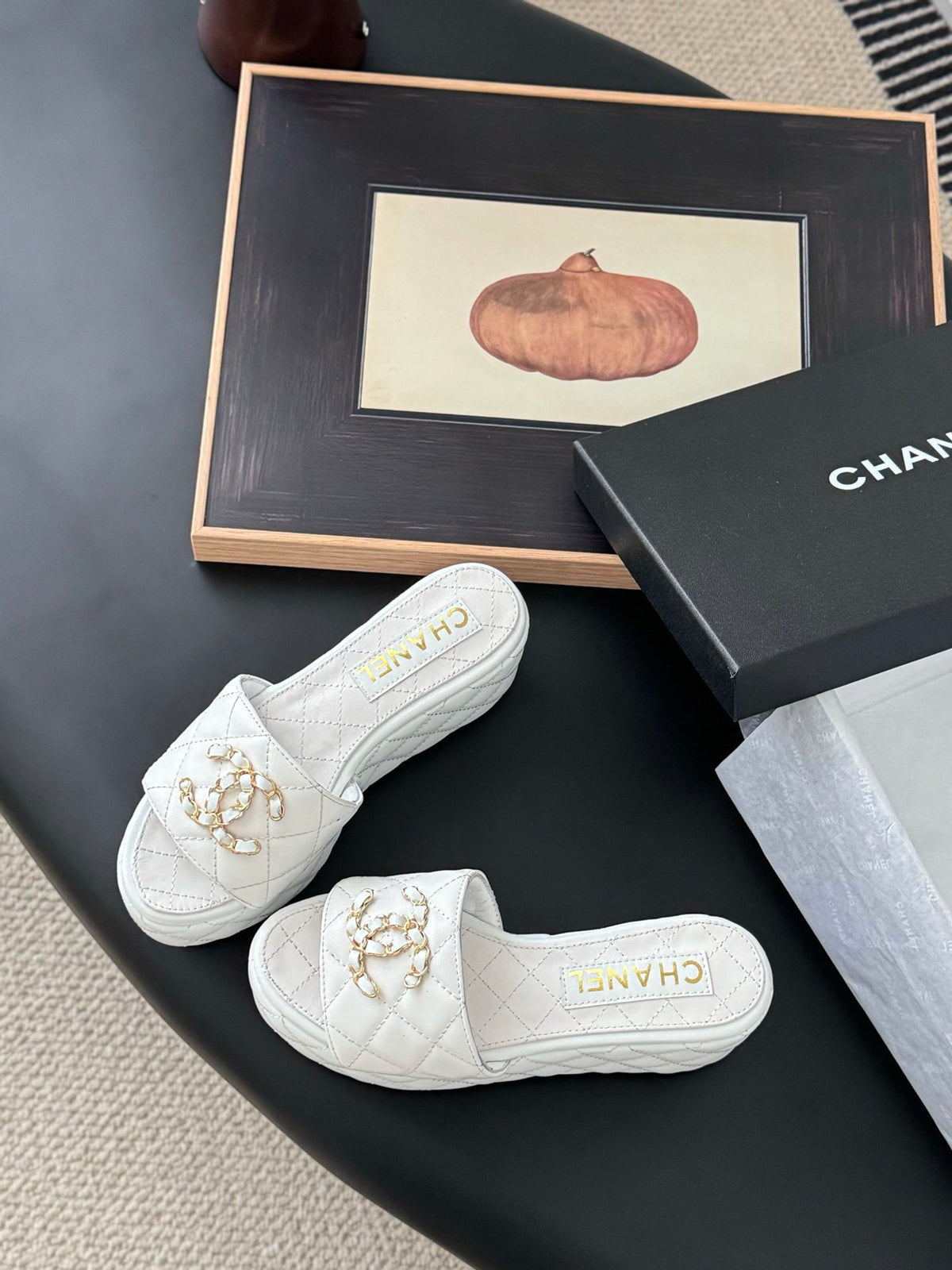 Chanel Women White Quilted Leather Slides