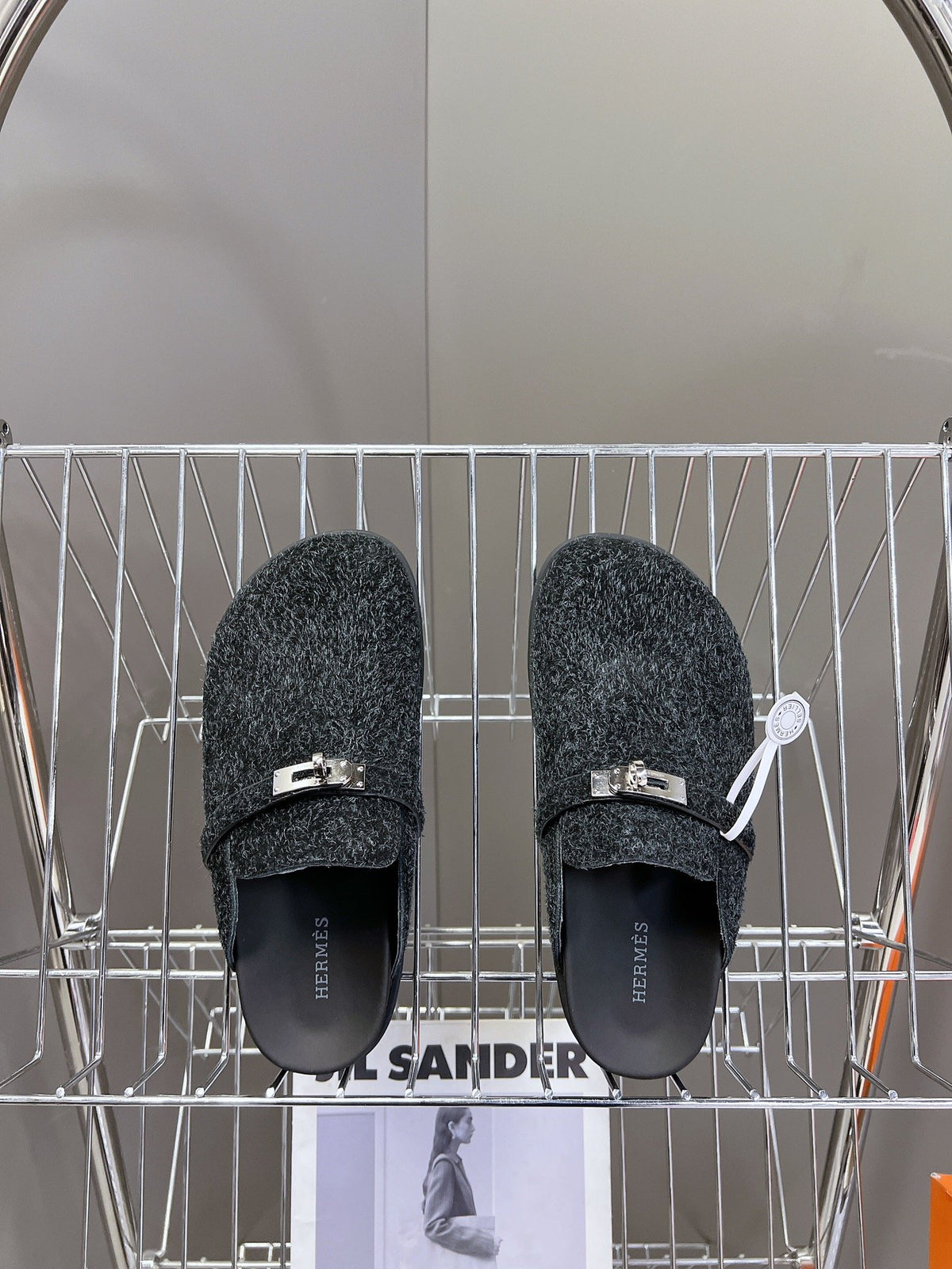 Hermes Women Black Fuzzy Fabric Mules