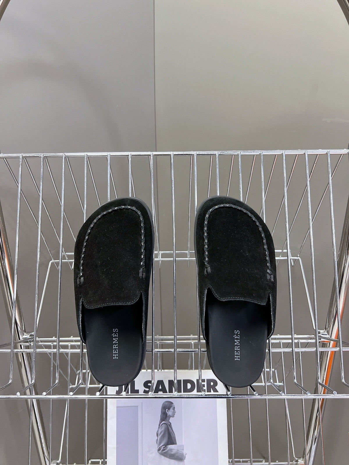 Hermes Women Black Suede Slippers