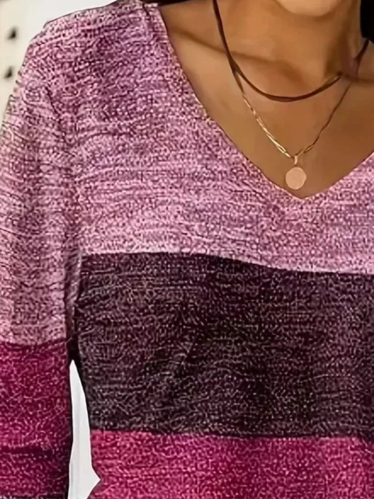 V-Neck Color Block Long Sleeve Casual T-Shirt