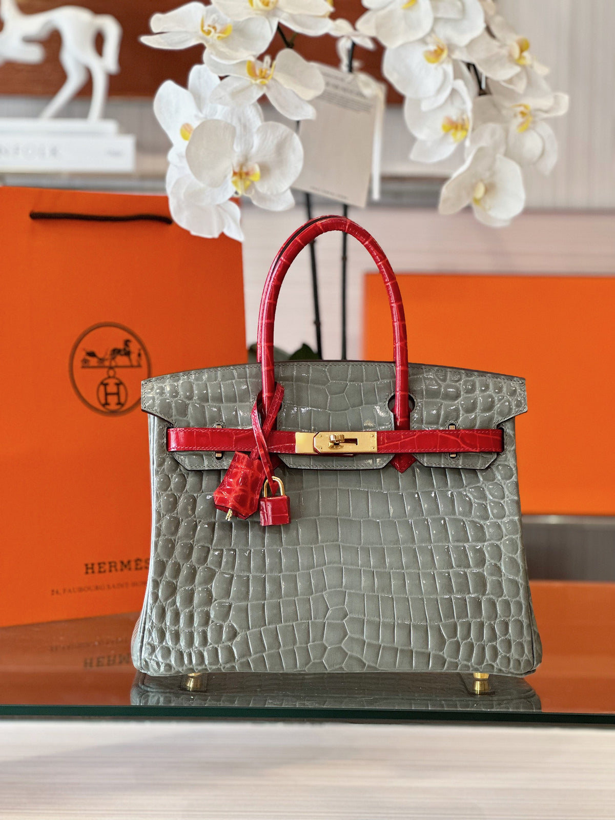HN Genuine Crocodile Leather Gray and Red Custom Made