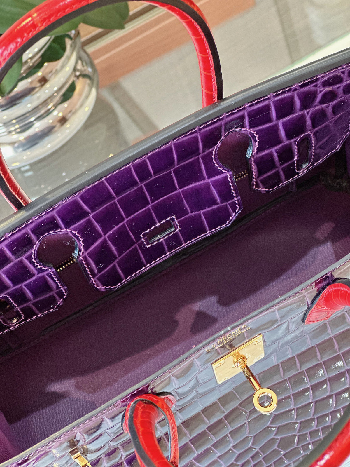 HN 30 Purple/Red Genuine Crocodile Leather Gold Hardware
