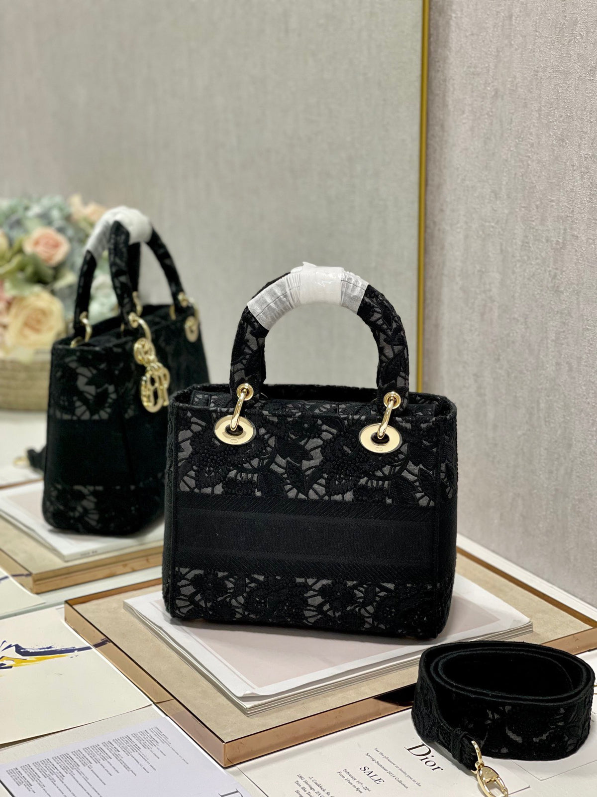 Christian Dior Medium Lady D-Lite bag in black lace embroidery
