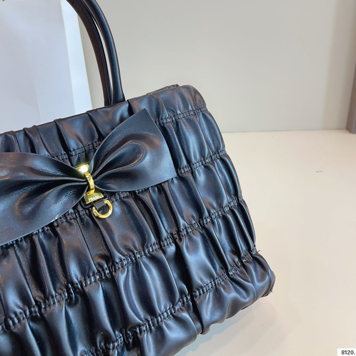 BOW DETAIL RUCHED TOP HANDLE BAG 29 IN BLACK SAFFIANO LEATHER