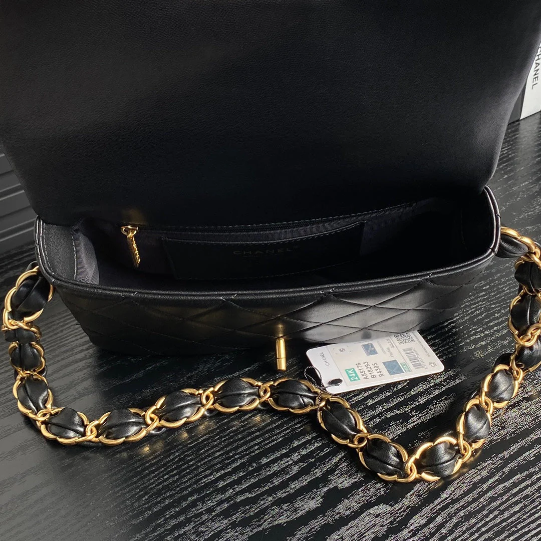 CHANEL MEDIUM FLAP BAG 26 IN BLACK CALFSKIN GOLD DOUBLE C THICK CHAIN