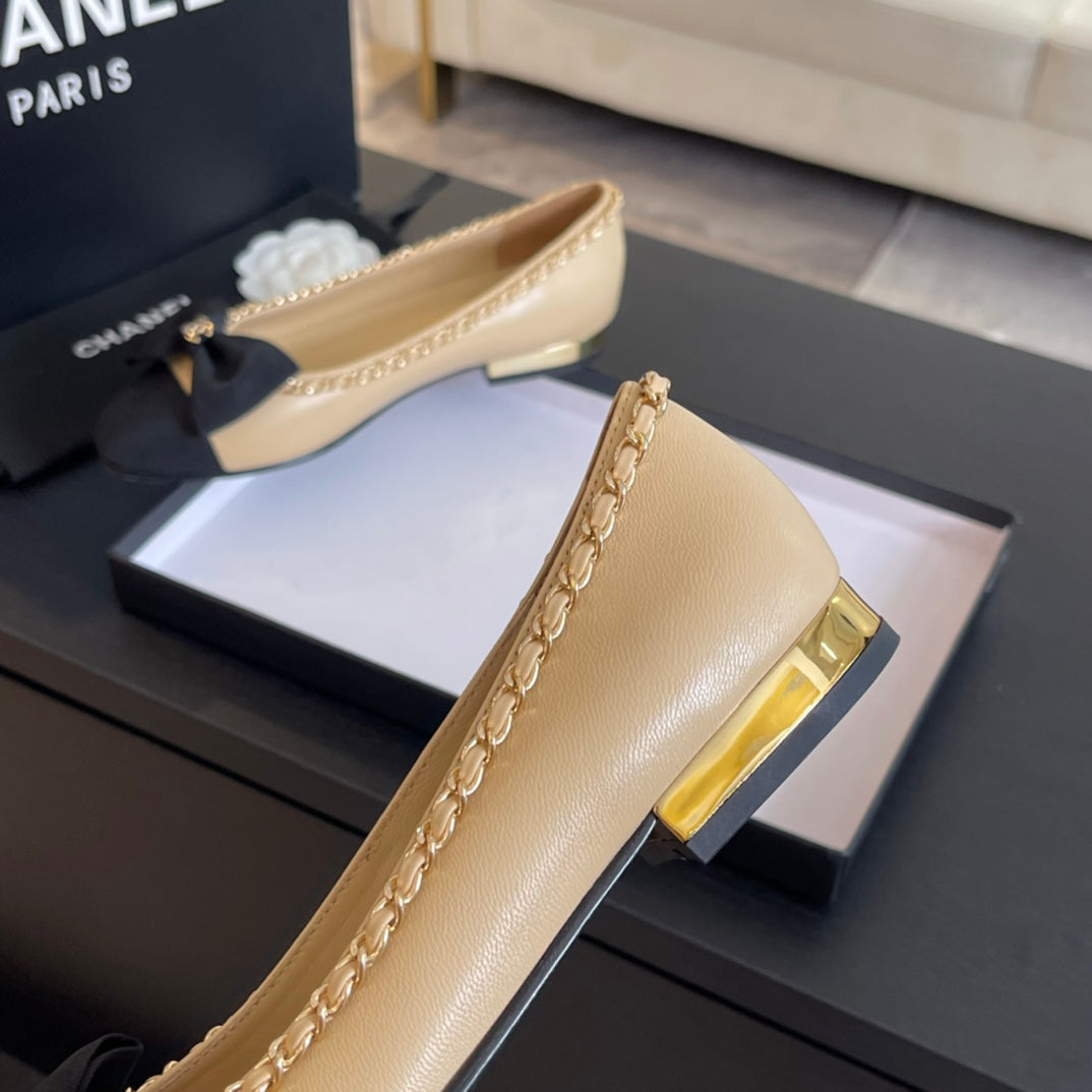 BALLET FLAT BEIGE CREAM CALFSKIN AND FABRIC