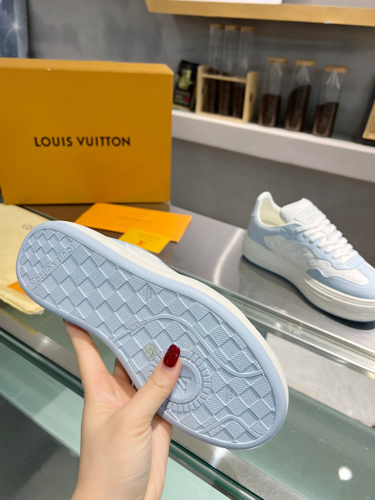 LV WOMEN GROOVY PLATFORM IN WHITE MIX LIGHT BLUE EMBOSSED CALFSKIN