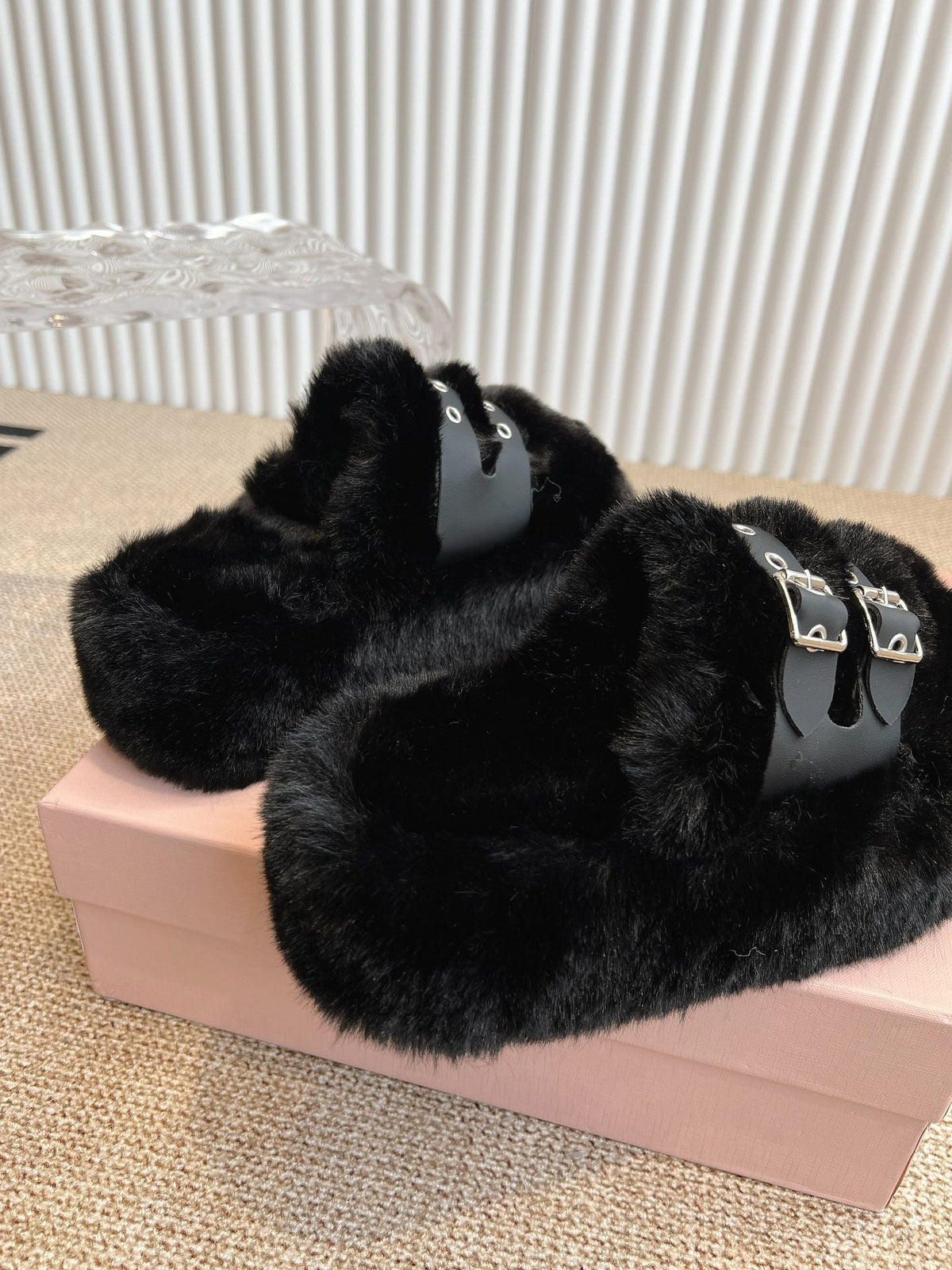MULES IN BLACK RABBIT FUR SILVER HARDWARE