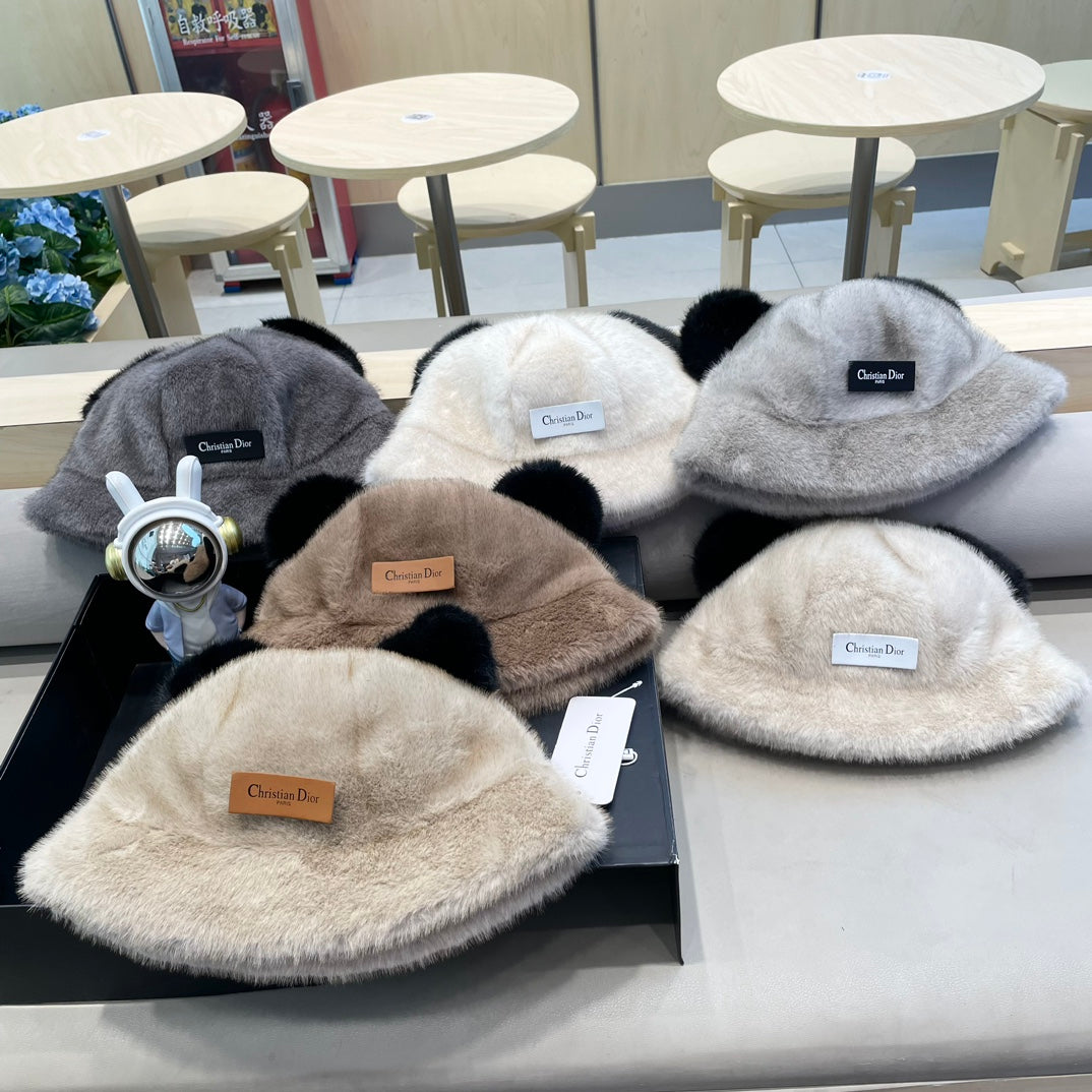 BUCKET HAT WITH CUTE BEAR EARS IN BEIGE RABBIT FUR 434968