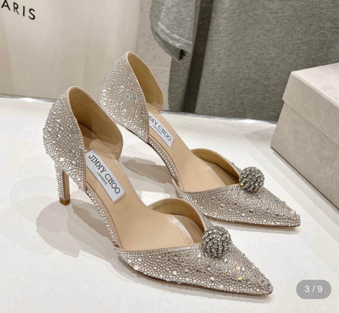 Jimmy Choo silver suede D’Orsay pumps