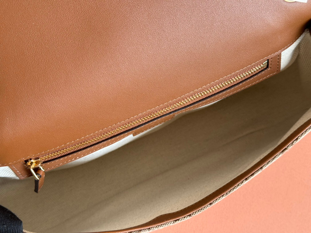 BLONDIE LARGE TOP HANDLE BAG 32 IN BEIGE AND DARK BROWN CANVAS BROWN CALFSKIN