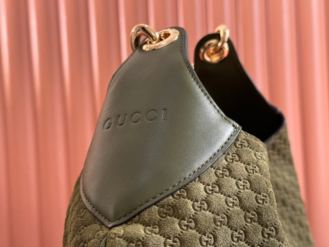 B LARGE SHOULDER BAG 49 IN ARMY GREEN GG EMBOSSED SUEDE