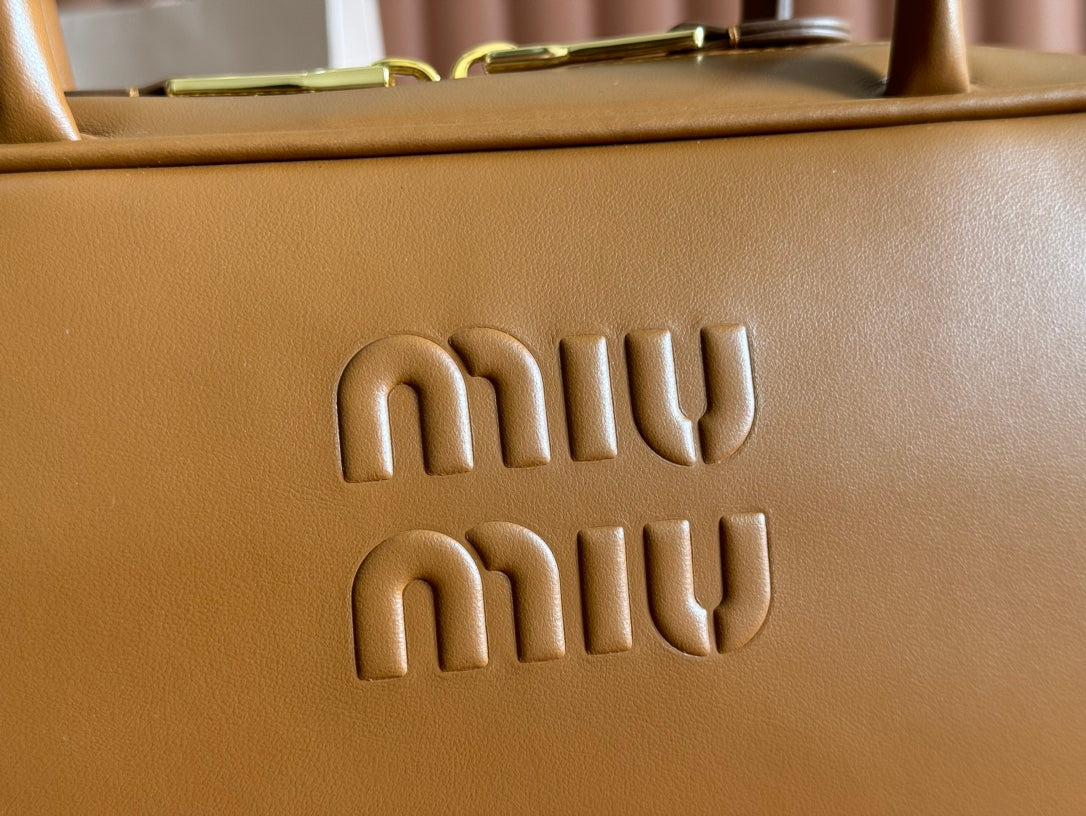 BEAU TOP HANDLE BAG 29 IN TAWNY BROWN GLOSSY CALFSKIN