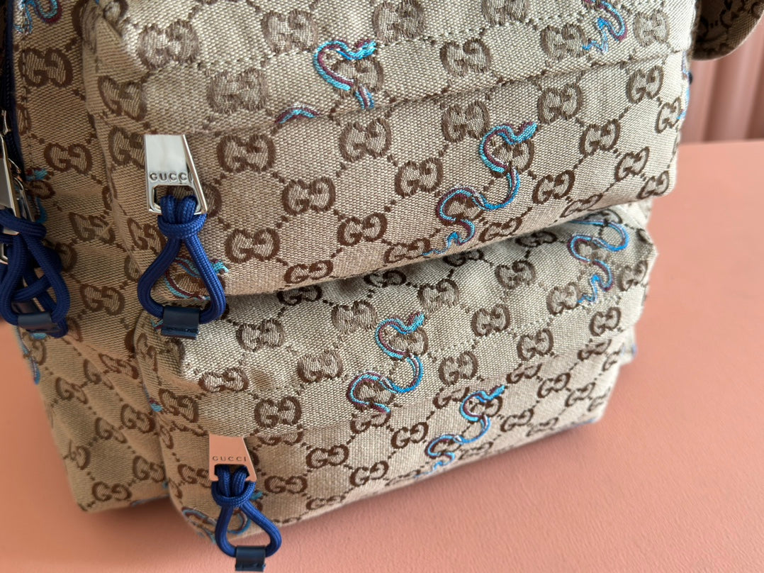 BACKPACK 40 IN BEIGE AND BROWN CANVAS BLUE SNAKE EMBROIDERY