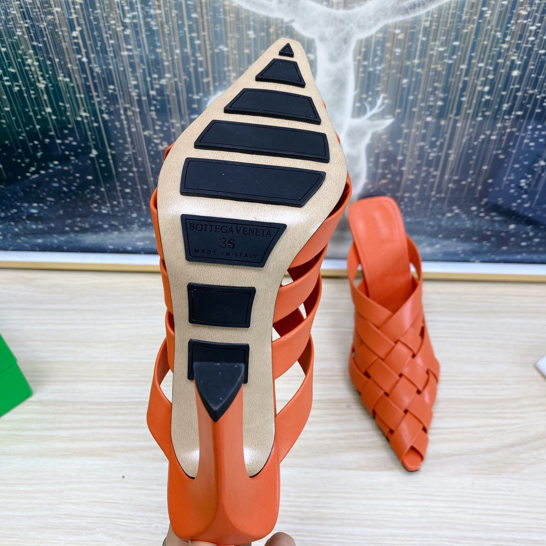 ALFIE LEATHER HIGH MULES IN VIVID ORANGE CALFSKIN WITH WOVEN DESIGN