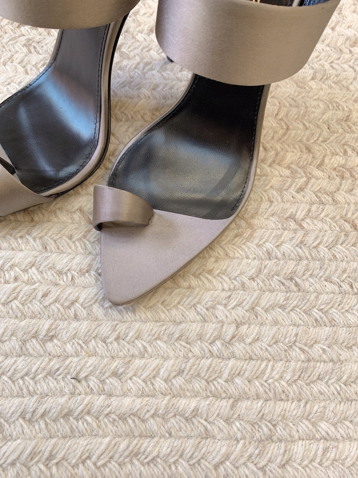 MARTHA POINTED OPEN-TOE HIGH MULES IN GRAY SILK