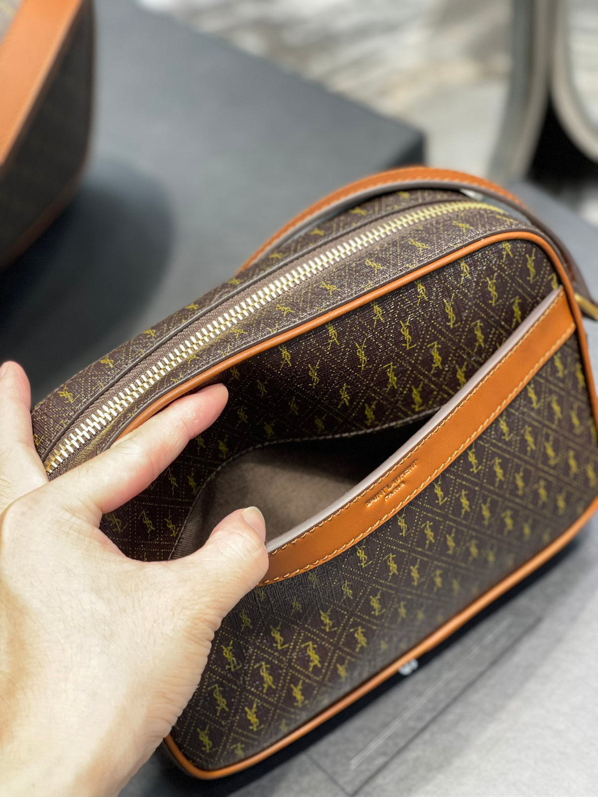 Saint Laurent  Canvas Smooth Calfskin Le Monogramme Camera Bag Chestnut