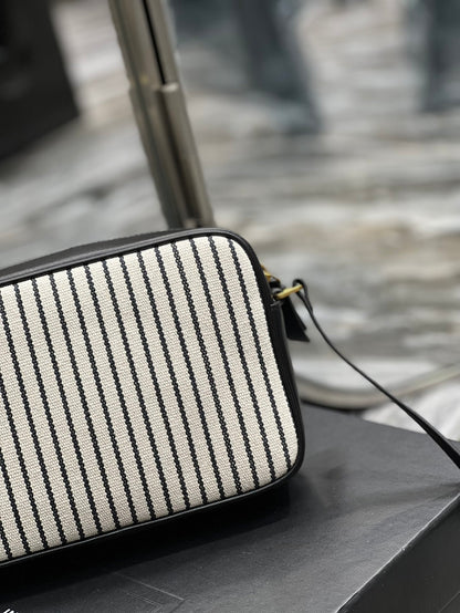 SAINT LAURENT Lou Medium Ysl Striped Canvas Camera Crossbody Bag In Grey Cream
