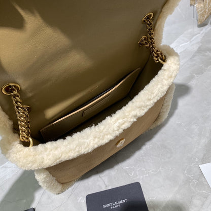 Saint Laurent Medium Niki Shoulder Bag in Tan/Cream Nubuck and Shearling Brown Beige