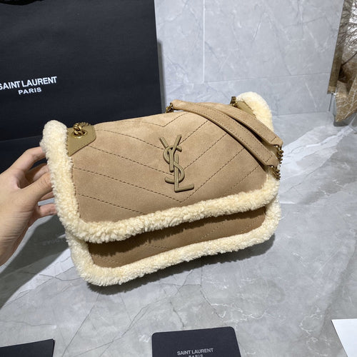 Saint Laurent Medium Niki Shoulder Bag in Tan/Cream Nubuck and Shearling Brown Beige