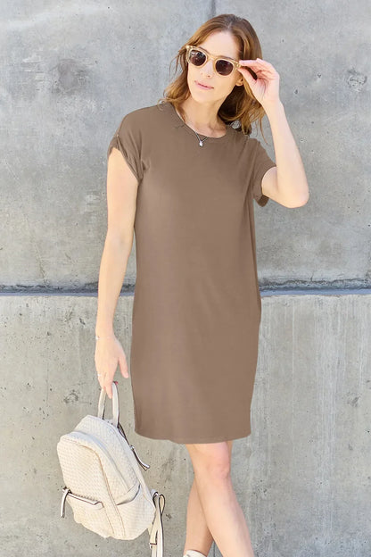 Basic Bae Full Size Solid Round Neck Short Sleeve Casual Loose Mini T-Shirt Dress with Side Pockets