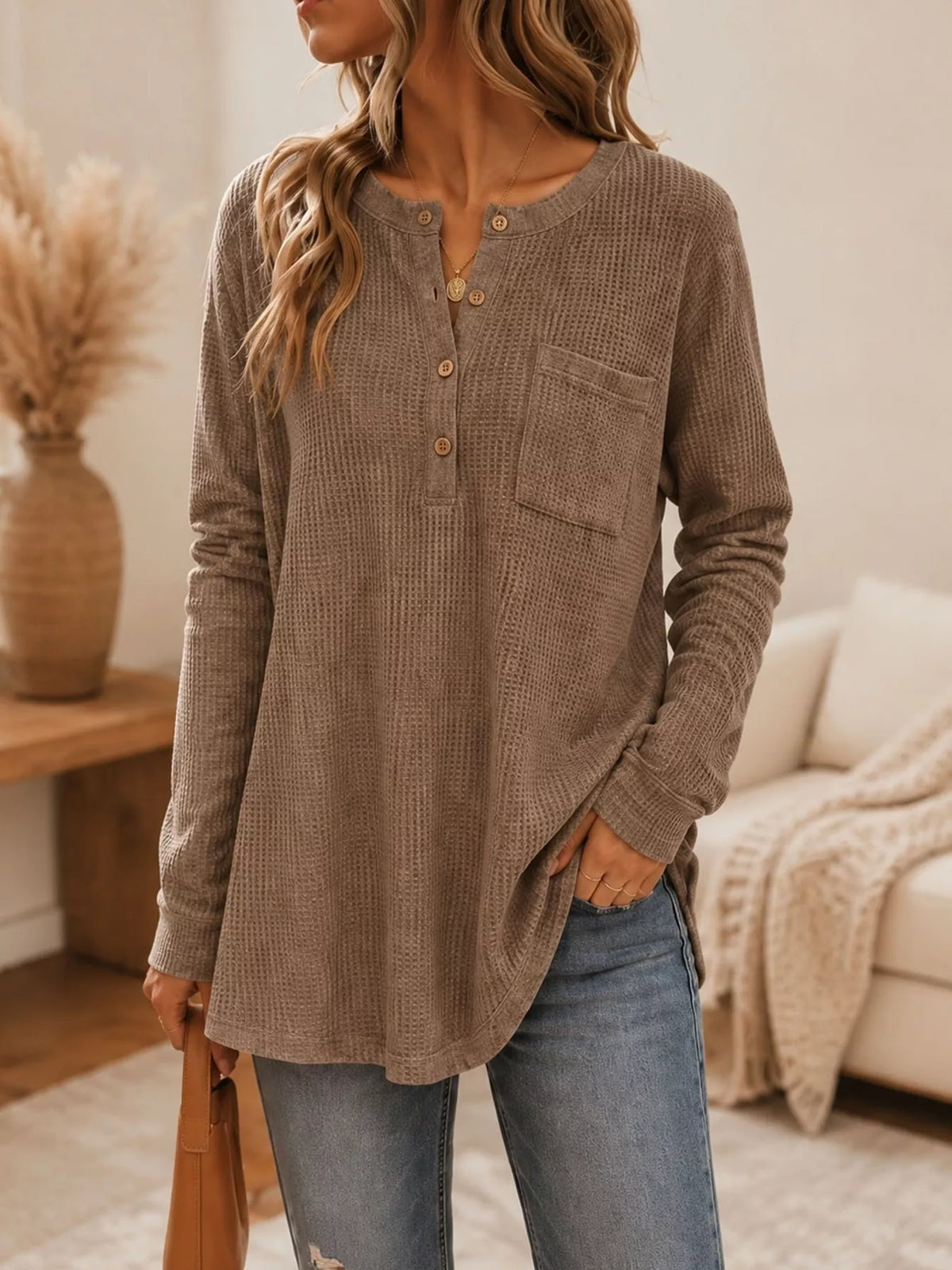 Waffle Knit Button Detail Top