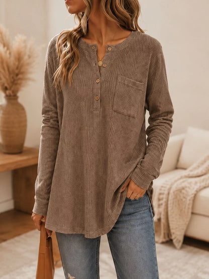 Waffle Knit Button Detail Top