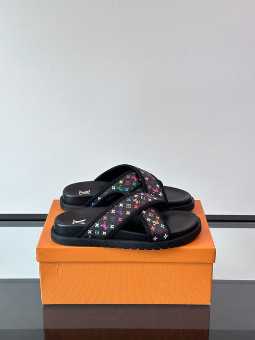 LV Men Black Multicolor Canvas Slides