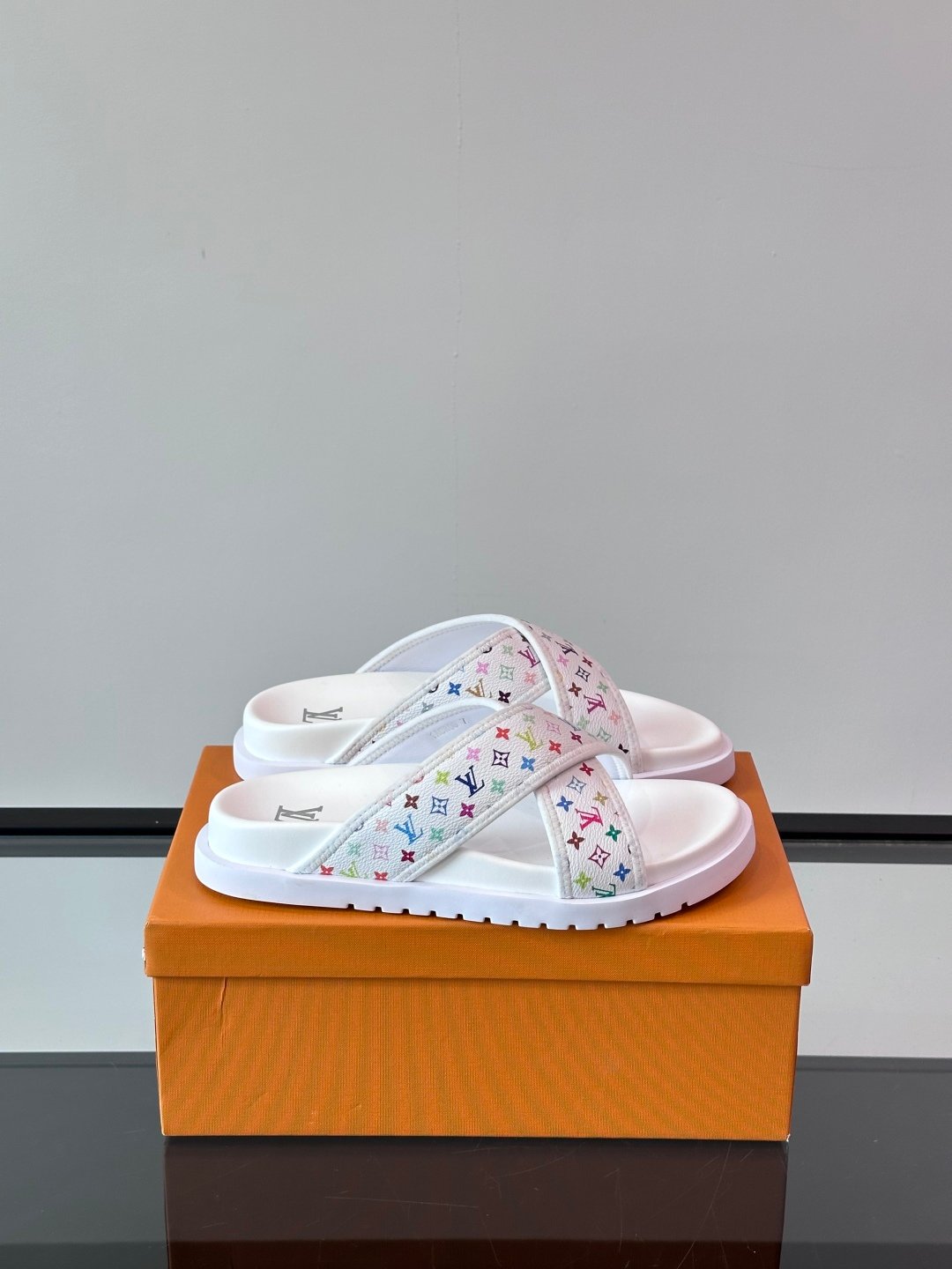 LV Men White Multicolor Leather Slides