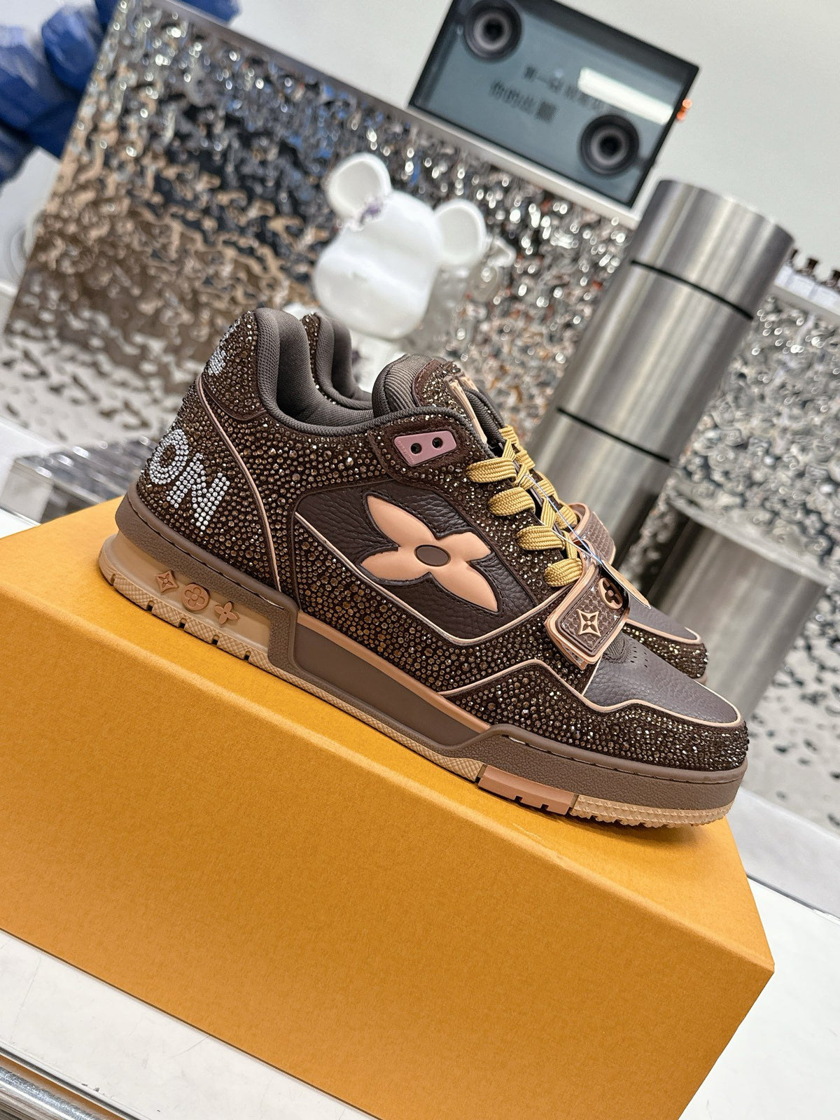 LV Women Brown Leather Sparkle Strap Sneakers