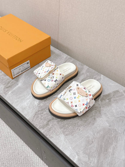 LV Women White Leather Multicolor Logo Mules