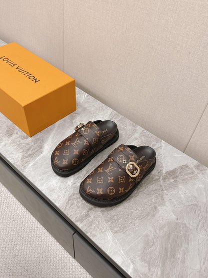 LV Women Brown Leather Monogram Mules