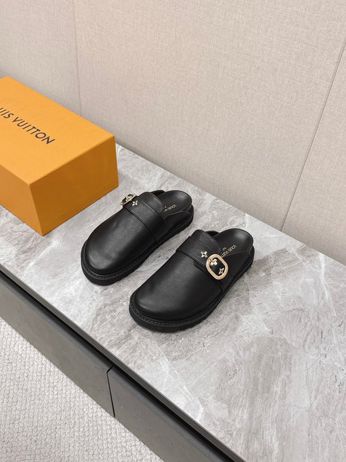 LV Women Black Leather Mules