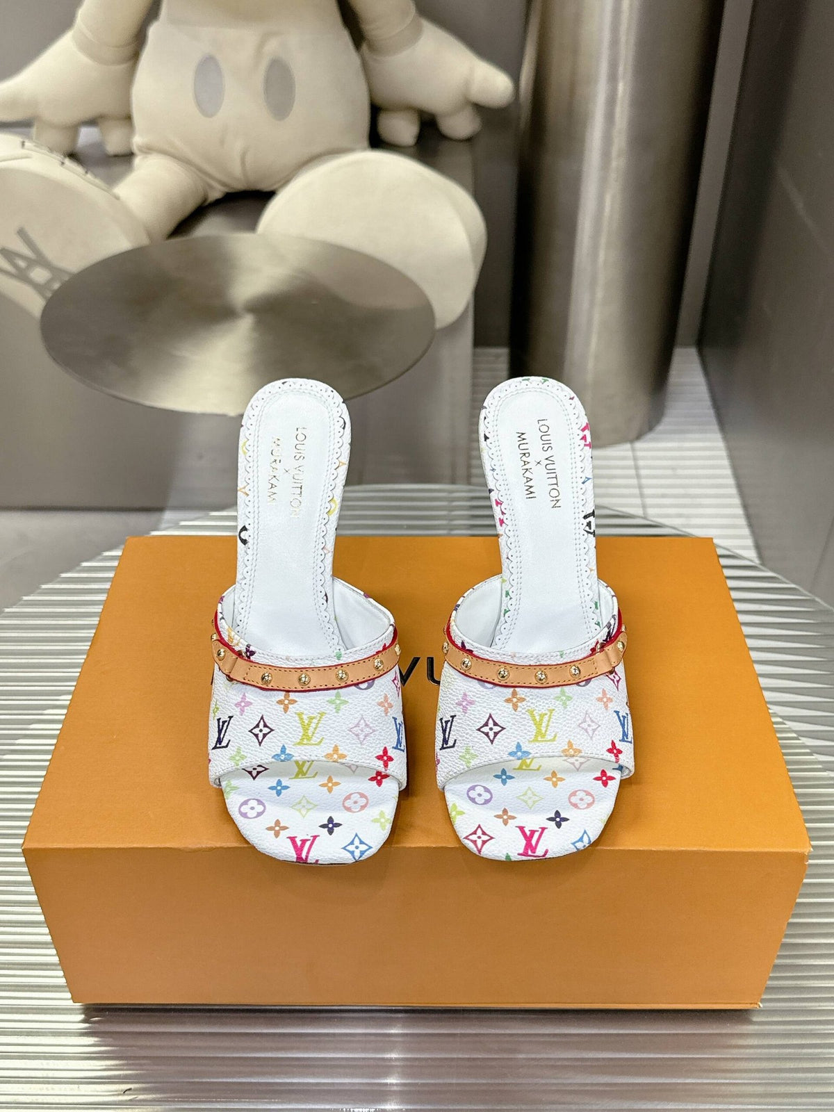 LV Women White Multicolor Printed Leather Mules