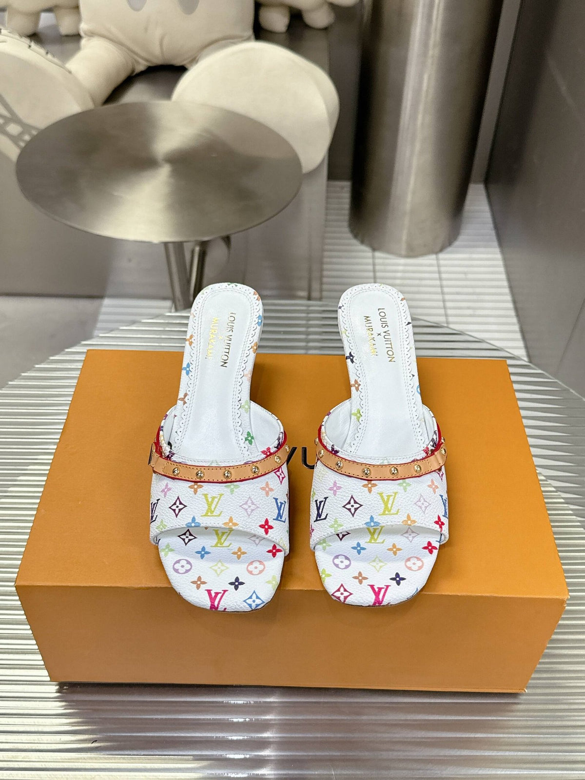 LV Women White Multicolor Leather Heels