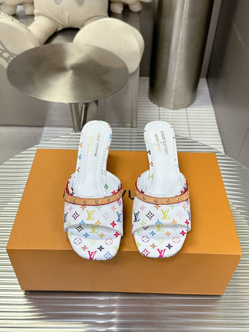 LV Women White Multicolor Leather Heels