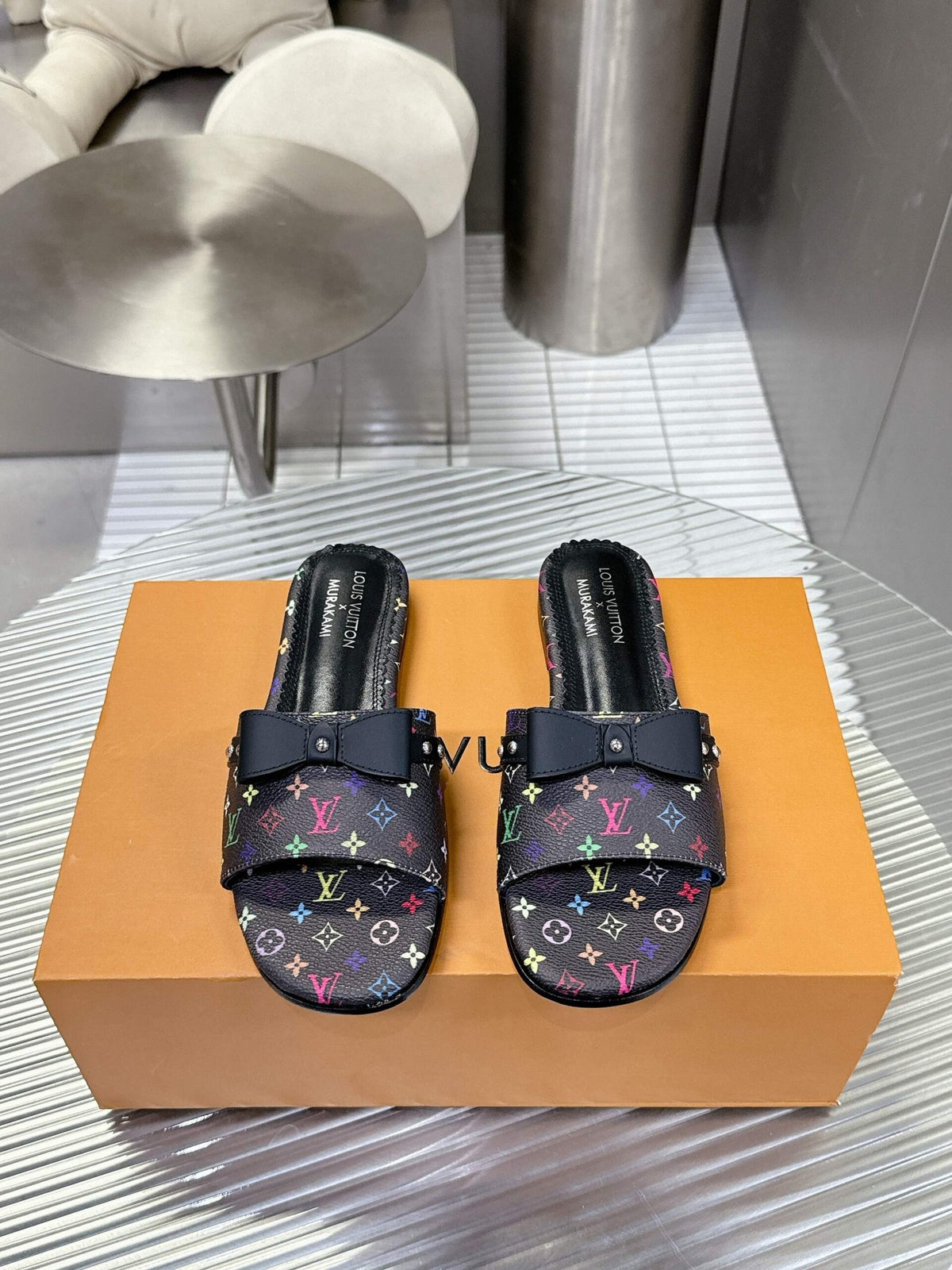 LV Women Black Patterned Leather Bow Slide Sandals