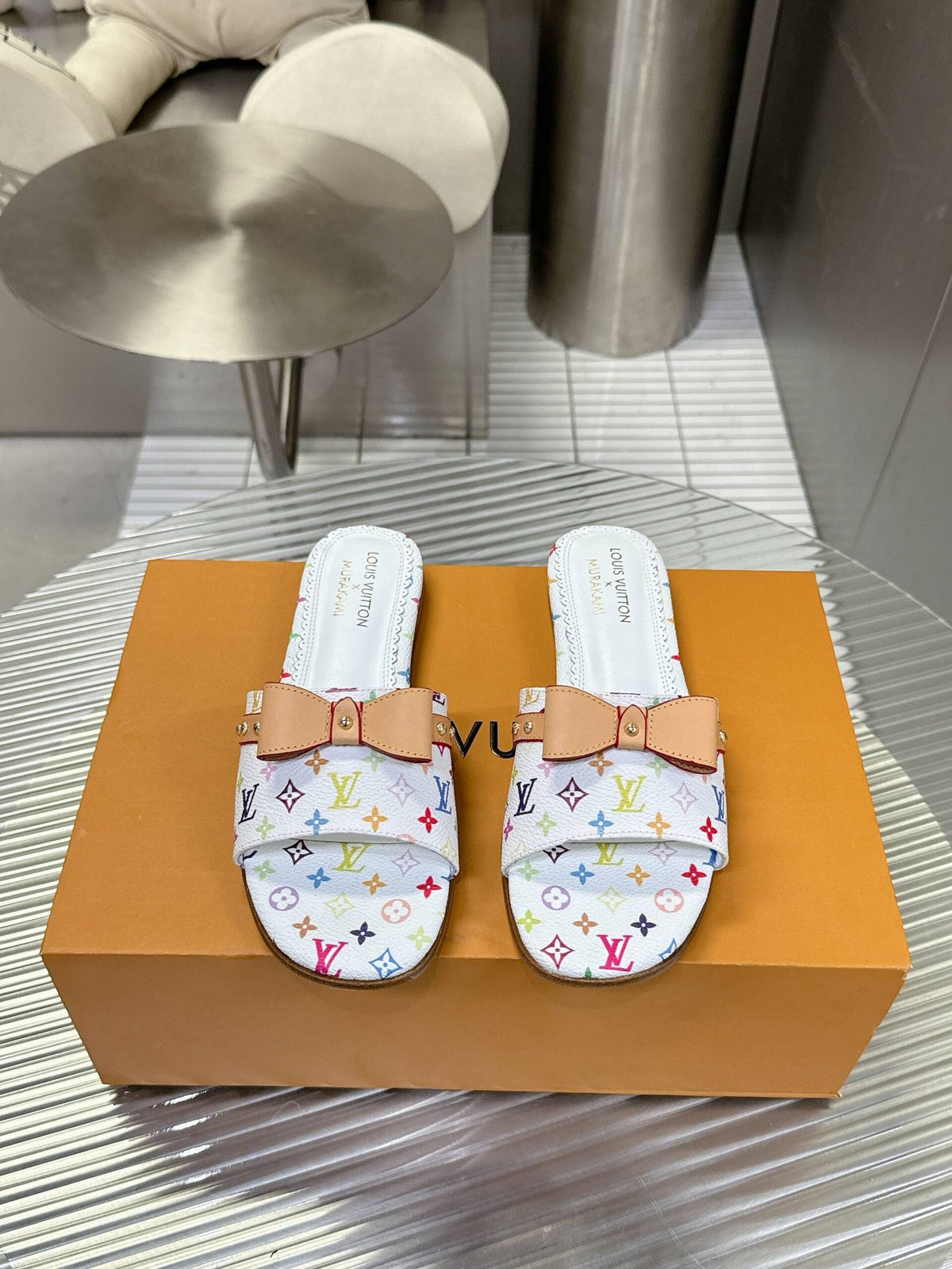 LV Women White Leather Multicolor Monogram Mules