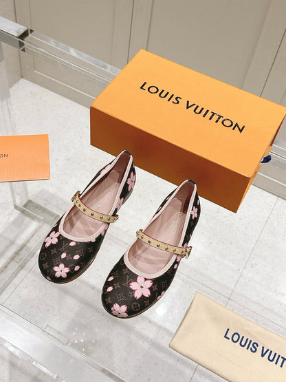 LV Women Brown Canvas Pink Floral Patterned Flats