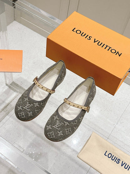 LV Women Gray Fabric Studded Strap Flats