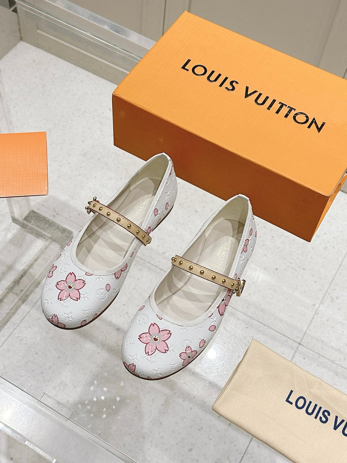 LV Women White Leather Pink Floral Mary Janes