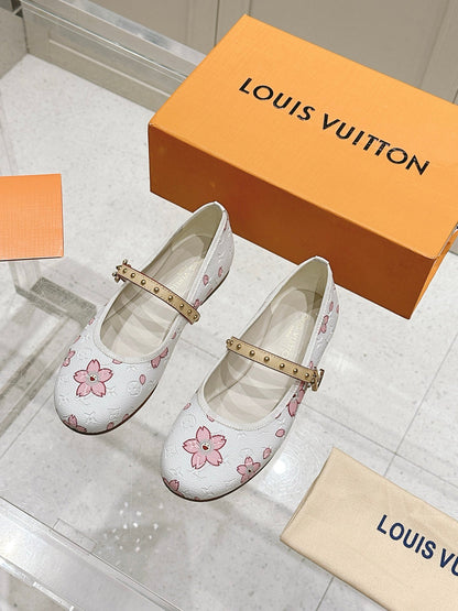 LV Women White Leather Pink Floral Mary Janes