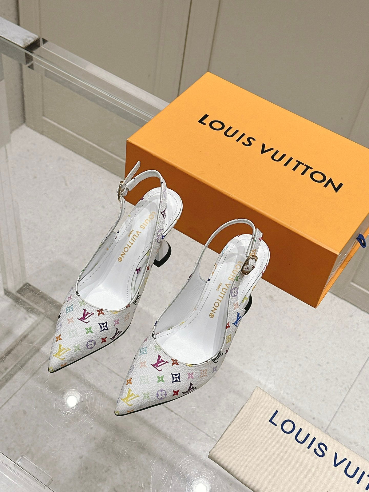 LV Women White Leather Multicolor Logo Heels